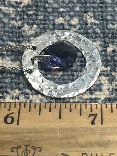 Sterling Hammered Open work Disk,Drop Pendant Necklace Purple Stone - Picture 3 of 7