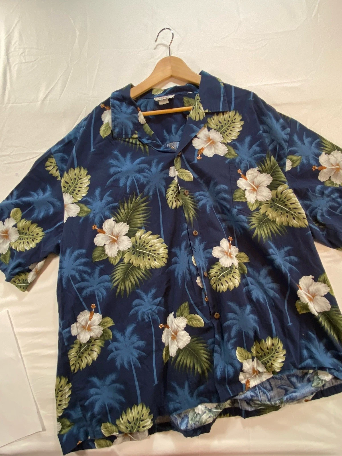 Vintage Pacific Legend Blue Hawaiian Shirt 4XL Tropical Hibiscus Palm Leaf USA