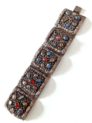 Vintage Chinese Export Gilt Filigree repose cabochons mixed stones link Bracelet