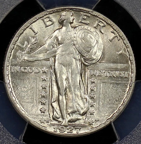 1927 D  STANDING LIBERTY QUARTER PCGS AU 55 GLOSSY, SLIGHTLY GREYING SILVER,