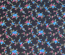 By 1/2 Yd Blue  Pink Scrolling Flower Vines on Black Reproduction Cotton Fabric
