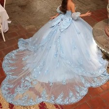 Light Blue Quinceanera Dress Tull Lace Applique Bead Corset Sweet 16 Ball Gown
