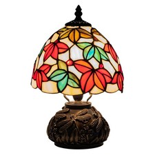 Tiffany Style Stained Glass Mushroom Table Lamp 8" White Red Green Maple Leaf...