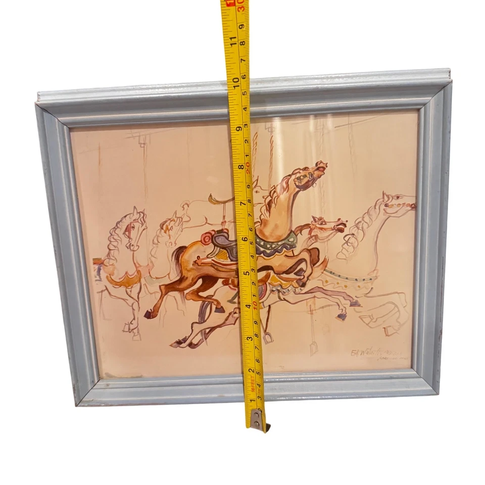 Ed Walaitis Carrusel Caballos Enmarcado Acuarela Original Firmado Decoración Pared 1983 Foto 4 de 4