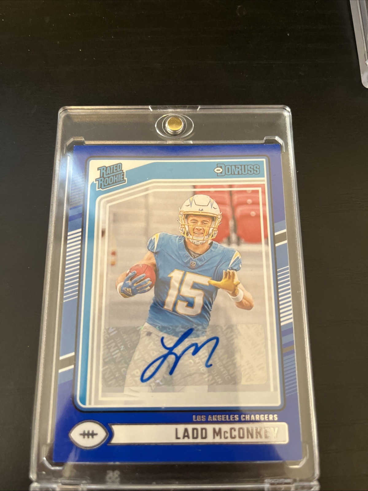 2024 Panini Donruss Rated Rookie Ladd McConkey #328 Blue Autographs (AU, RC)