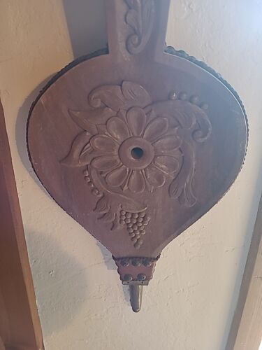 Vintage Fireplace Bellows Carved Wooden,Brass &  Leather 21" long - Afbeelding 1 van 18