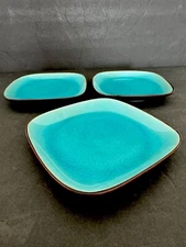 World Market Aqua Blue Crackle Ceramic Plate Set 3 Retired Square Brown Trim 6”
