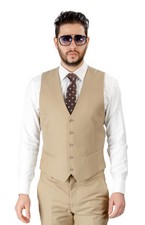 Mens Dress Beige Tan Suit Vest 5 Button V Neck Adjustable Back Strap Formal AZAR