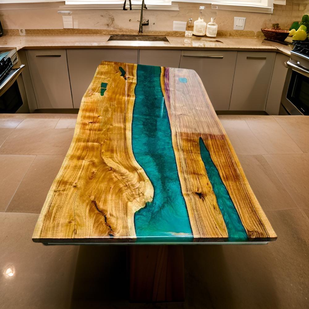Green Epoxy Resin Dining Table Top Acacia Wood Live Edge Hallway Centerpiece Top