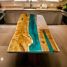 Green Epoxy Resin Dining Table Top Acacia Wood Live Edge Hallway Centerpiece Top