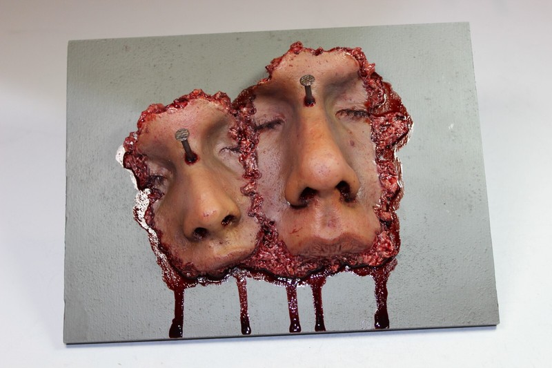PARTIAL FACE NOSE WITH LIDS  & LIP ON WOODEN PLAQUE HORROR HALLOWEEN PROP