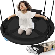 SereneLife 40" Weatherproof Saucer Swing Set w/Swinging Seat, Carry Bag (Black)