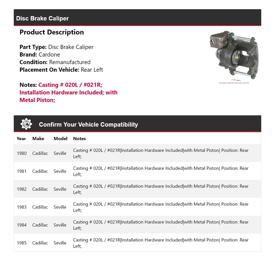 Pinza de freno de disco trasera izquierda Cardone 1981 1982 para Cadillac Seville 1980-1985 Foto 2 de 4