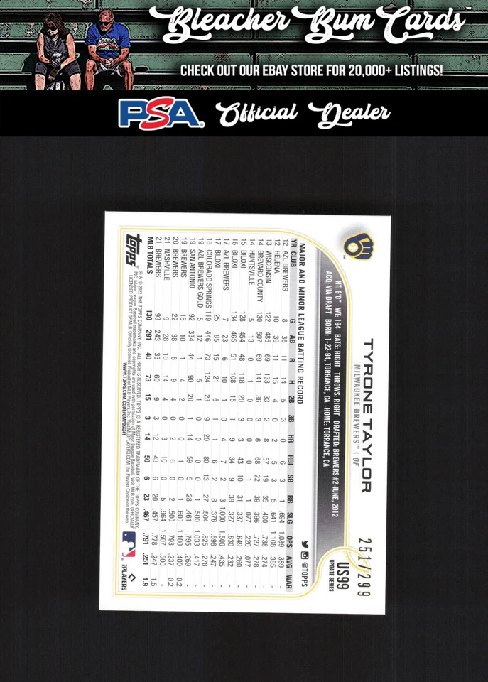 2022 Topps Update US99 Tyrone Taylor Orange Foil /299 - Image 2 of 2