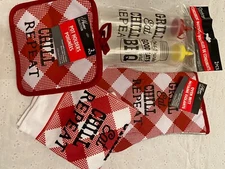 Festive 6 Piece Kitchen Hand Towel Set w/Condiment Dispensers -Ketchup/Mustard