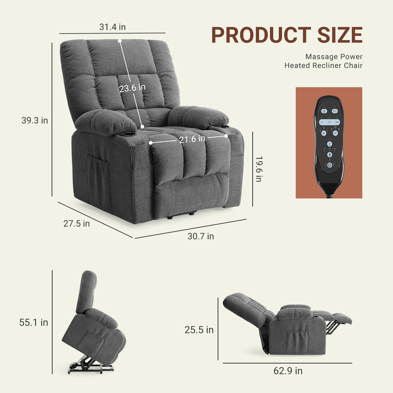 Reclining Massage Chair with Adjustable Electric Power Lift Chair/Remote Control