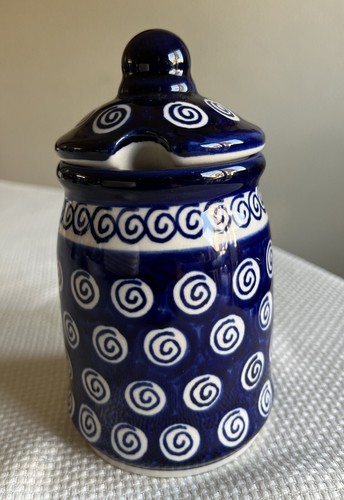 Boleslawiec Polish Pottery Lidded Sugar Bowl Honey Pot Mustard Jam Jar Blue 6” - Picture 2 of 6