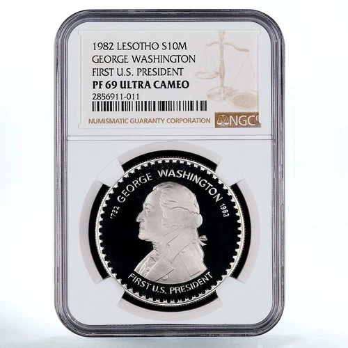 Lesotho 10 maloti Anniversary Washington First President PF 69 NGC silver 1982
