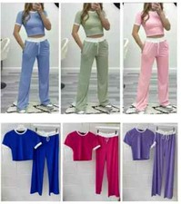 New Ladies Short Sleeves Ribbed Contrast Crop Top and Flared Trouser Set UK 8-18
