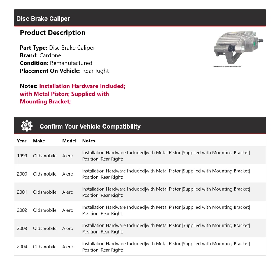 Pinza de freno de disco trasera derecha Cardone 2000 2001 Oldsmobile Alero 1999-2004 Foto 2 de 4