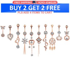 1PC Clear CZ Dangle Belly Button Navel Rings Rosegold Steel Curved Barbell 14G