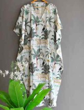 Indian White Animal Printed Cotton Hippie Maxi Women Nightwear Caftan Dress