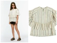 MOLO Renee Beige  Gold Ruffle Flutter Metallic Stripe top blouse 13 14
