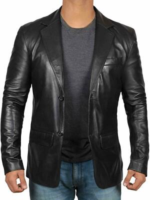 Herren 100 % echtes Leder Lammleder Blazer zwei Knöpfe schwarz Mantel Anzug J...
