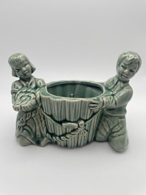 Cute Vintage Pottery Girl & Boy Kneeling by Wooden Bucket-Pail Planter Green