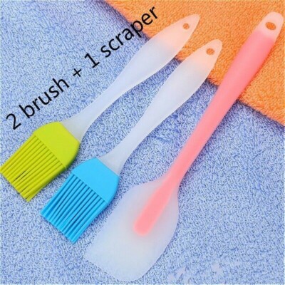 3x Set Silicone Baking Pastry Brush BBQ Basting Scraper Cake Bread Oil Cream Kit