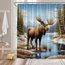 Forest Moose Shower Curtain Cabin Wild Animal Moose Deer Elk Tree Rustic Farm...