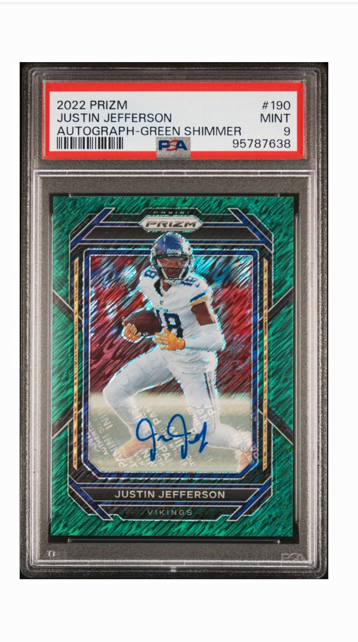 2022 Panini Prizm Justin Jefferson Green Shimmer Auto /5 #190 PSA 9 Vikings view 1