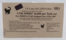 Black Cat 300-014ms HO Scale CNR # 990857 10,00 Gal. Tank Car Decal Set