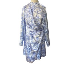 ASOS DESIGN High neck twist front Blue &  White snake draped Dress Size 4