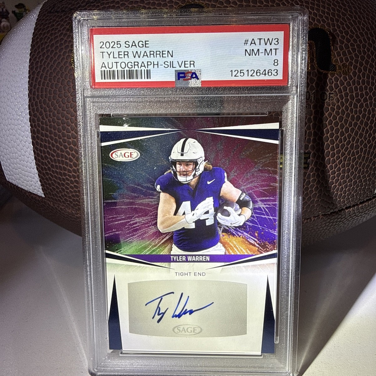 2025 SAGE Tyler Warren Silver Autograph PSA 8 NM-MT Penn State TE