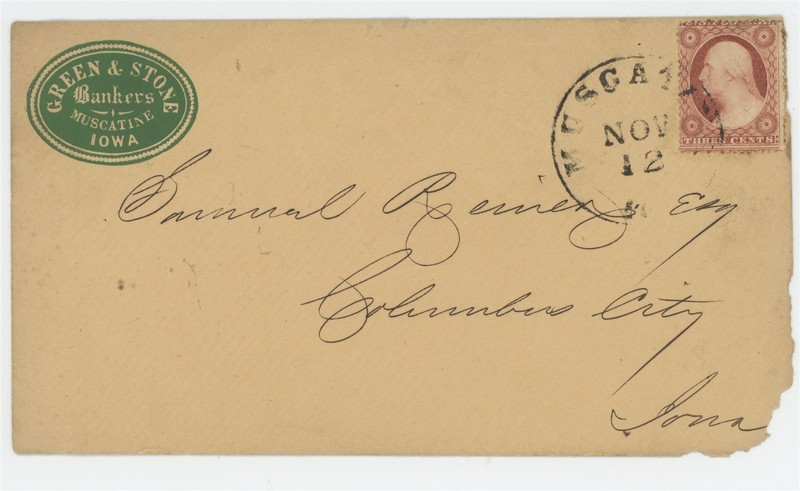 Mr Fancy Cancel SC 26 CAMEO AD GREEN & STONE BANEKRS MUSCATINE IOWA COVER 