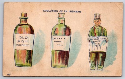 Comic Pun~Evolution of an Irishman~Whiskey Bottle~Paddy~Politics Newspaper~1908