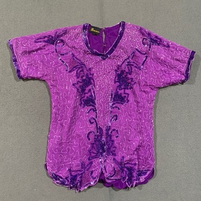Romana Beaded Silk Top Women 14 Purple V-Neck Short Sleeve Vintage Glam Evening