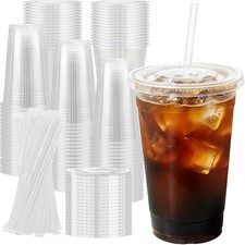 100 Pack 20 oz Disposable Clear Plastic Cups With Lids And Straws For Cold Dr...
