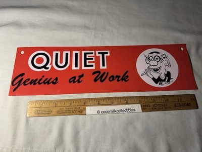 1980's Thin Plastic Sign Quiet Genius at Work Comic Image Male with Pencils Joke