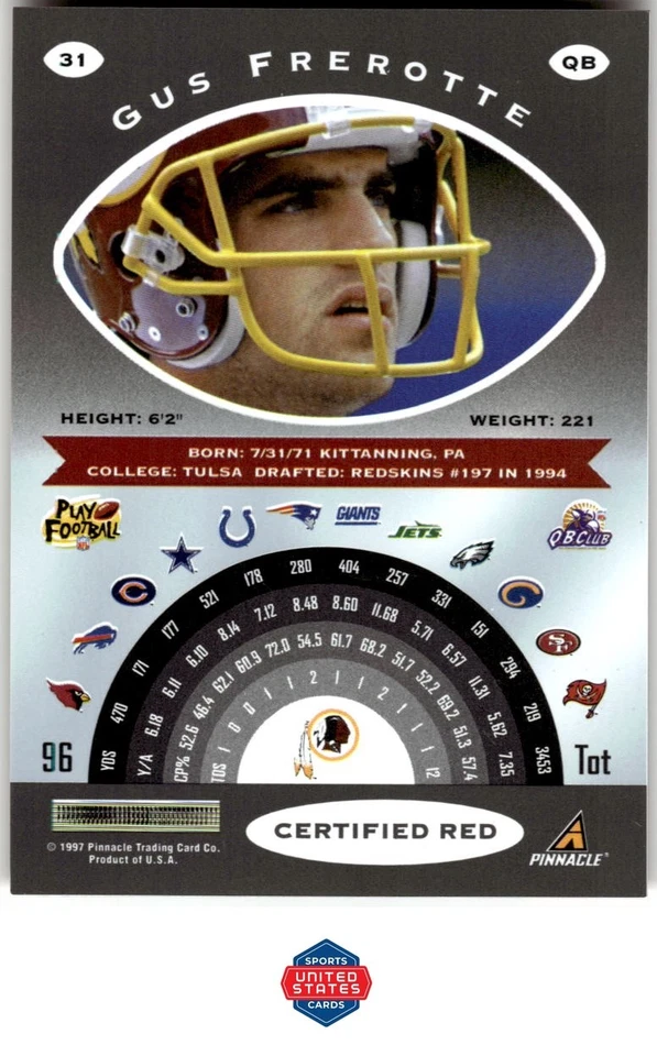 1997 Pinnacle Certified #31 Gus Frerotte Red - Image 2 of 2