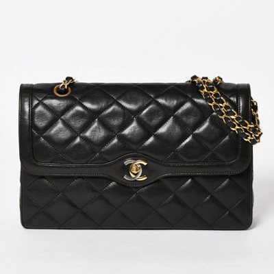 Chanel Matelasse28 W Flap Chain Shoulder Bag No 2 Paris Coco Lambskin Black r0_0