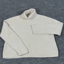Lilysilk Medium Cream Ribbed Turtleneck Sweater 100% Wool Cropped Fisherman Knit