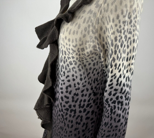 Magaschoni Cashmere Ombre Leopard Ruffle Cardigan Women XL Long Sleeve Brown - Picture 14 of 16
