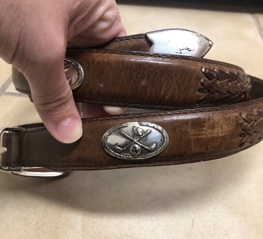 Men's Size 42 Brown Braided Leather Belt with Silver Golf Emblem-image