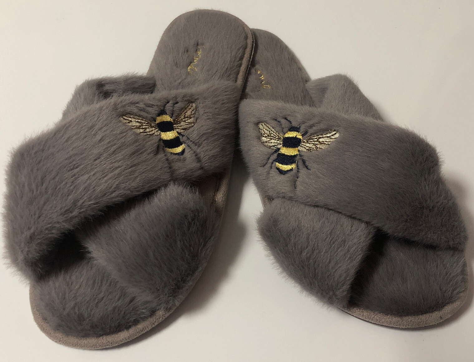 PANTOFOLA D’ORO Joules Ciabatte Pantofole Donna Miele Pelliccia Ecopelliccia Ricamate Ape Grigio M 7 8