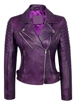 Women s Motorcycle Biker 100% Real Leather Jacket Lambskin Leather Purple Jacket