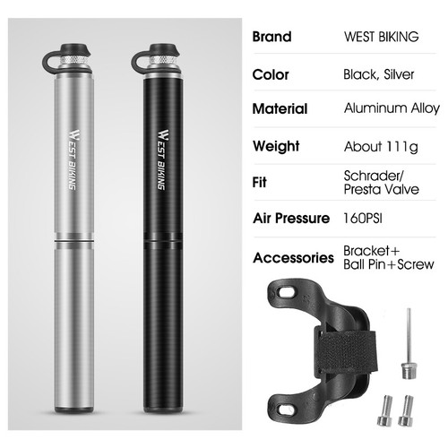 WEST BIKING 160PSIPortable Schrader Presta Valve Bike Ball Pump Inflator Pump - Picture 10 of 12