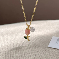 Fashion Pink Tulip Flower Pendant Necklace Clavicle Women Creative Versatile New