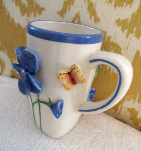 Burton + Burton 3D Floral Blue Yellow White & Green Coffee Mug 5" Tall 12 Oz - Picture 3 of 8